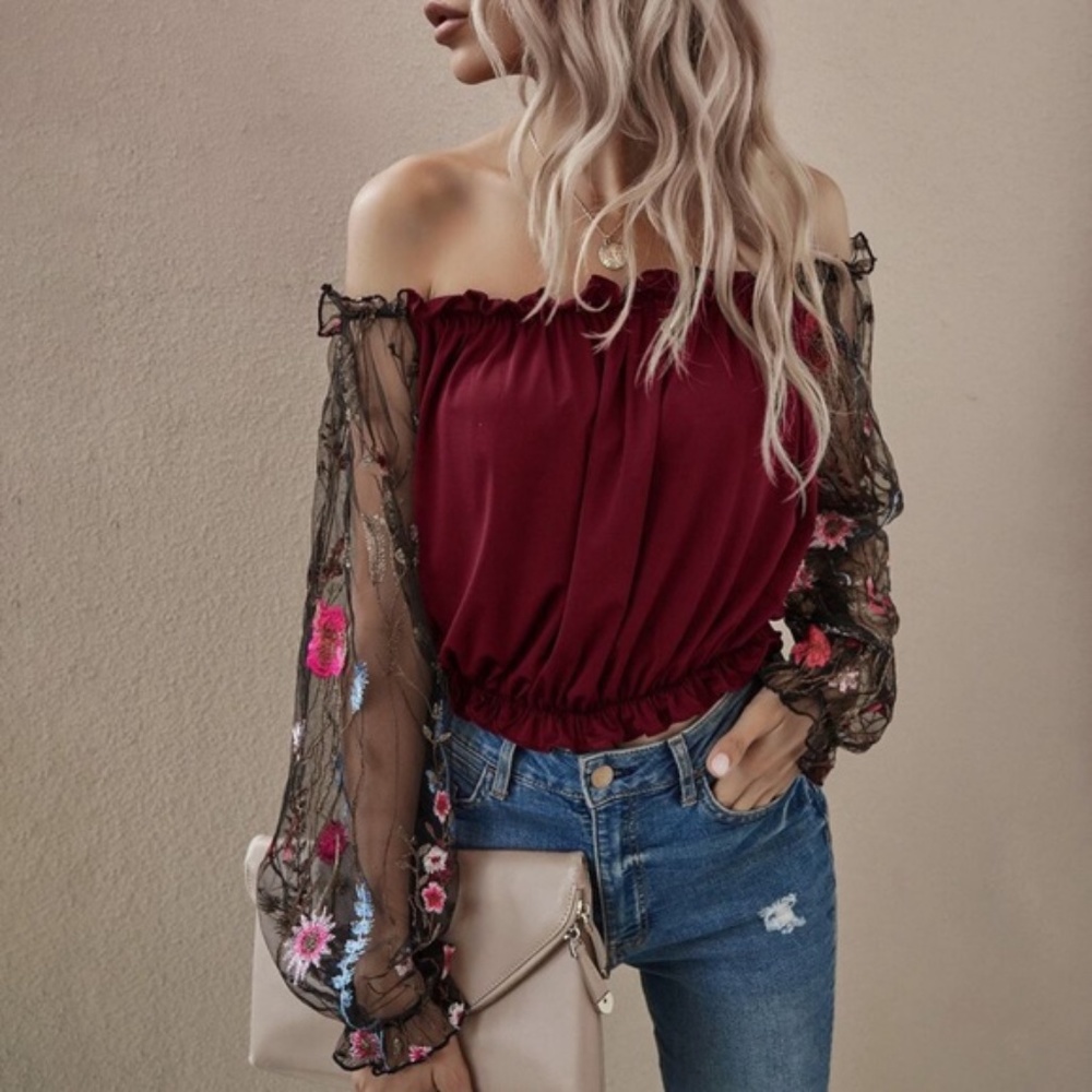 Boho Black Floral embroidered off shoulder Top - Picture 4 of 8